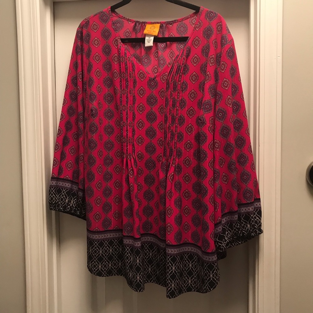 Plus Size 1x Ruby Rd Red Blouse With Patterned De… - image 1